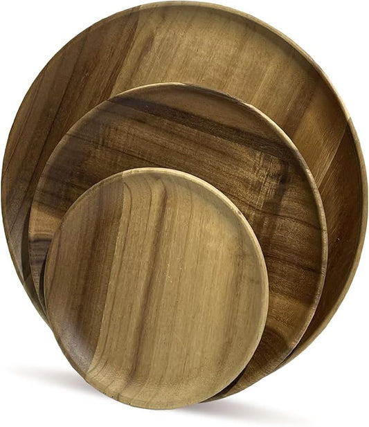 MinBoo Wooden Acacia Plates set of 3, 9-6Inch Wood Acacia Serving Trays, Farmhouse Kitchen Plates, Reusable Wooden Dishware for Dining, Appetizers, Snacks, Parties (oval)