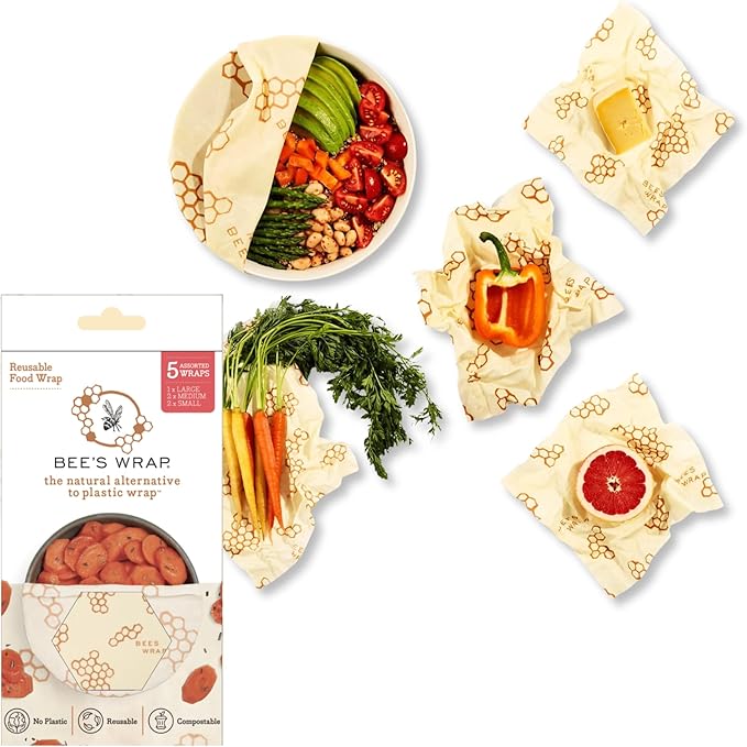 Bee's Wrap Beeswax Wraps for Food - Made in USA Reusable & Organic Food Wraps & Bowl Covers - Eco-Friendly Alternative to Aluminum Foil & Plastic Wrap, Honeycomb 5 Pack (2L, 3M)