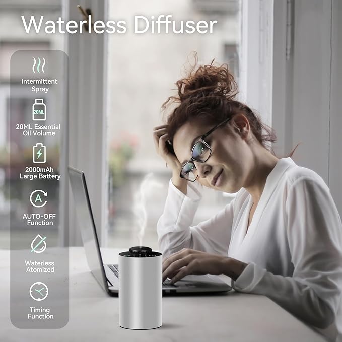 Waterless Essential Oil Diffuser Battery Operated Cordless Aromatherapy Diffuser with Timing & 3 Mist Levels car Diffuser，Black Aluminum Alloy (Silver)