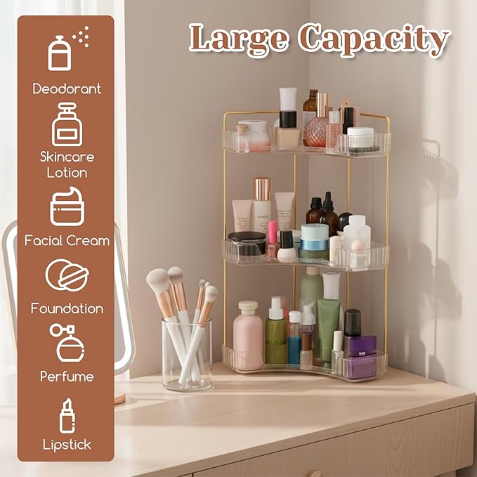 Corner Bathroom Counter Organizer, Vanity Makeup Cosmetic Storage, Makeup Organizer for Vanity, Perfume Tray Holder, 3 Tier Bathroom Countertop Organizers Shelf, for Dresser Kitchen Corner Storage