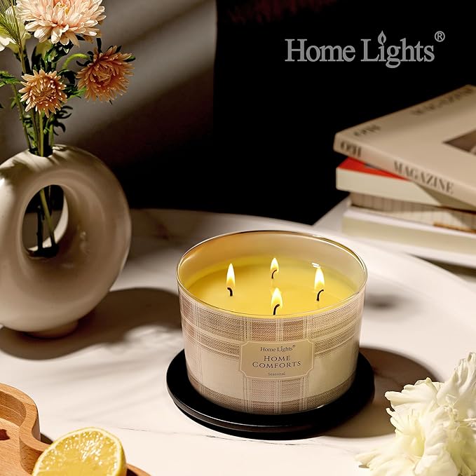 HomeLights Home Comforts Scented Candles | 18oz Soy Candles Rustic Modern 4-Wick Large Candle Jars | Ideal Candle Gifts for Events, Home Decor Stress, Relief & Relaxation