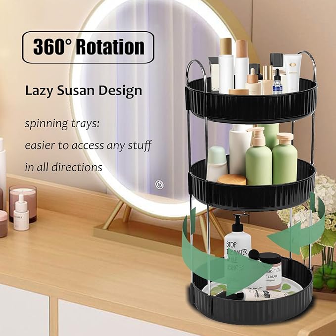 Rotating Makeup Organizer Countertop 3 Tier Lazy Susan Trays Spinning Skincare Perfume Storage for Bathroom Counter Vanity, Black