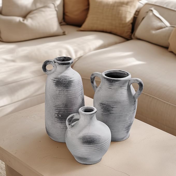 Sunddo Rustic Farmhouse Vase with Handle, Ceramic Vase,10 inch Tall Minimalist Decorative Vases for Home Decor, Table Living Room Bookshelf Entryway Kitchen Bedroom Decor, Grey