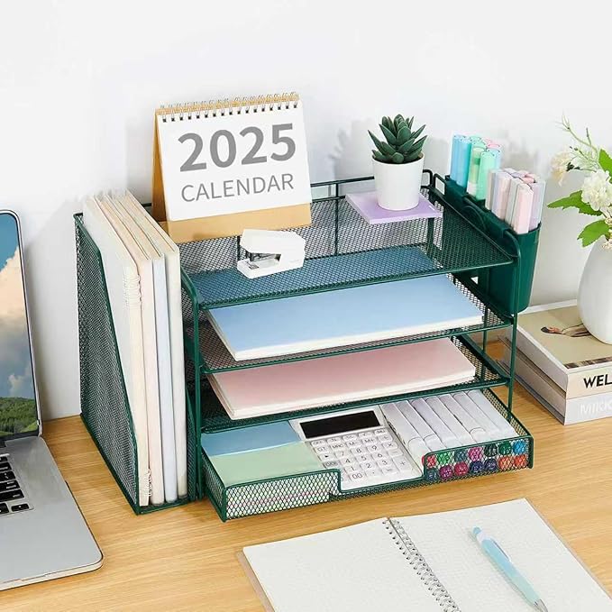 OPNICE Desk Organizer and Accessories, 4-Tier Desktop File Organizer with Drawer and 2 Pen Holders, Office Desk Accessories, File Sorters, Workspace Organizers for Office Supplies(Dark Green)