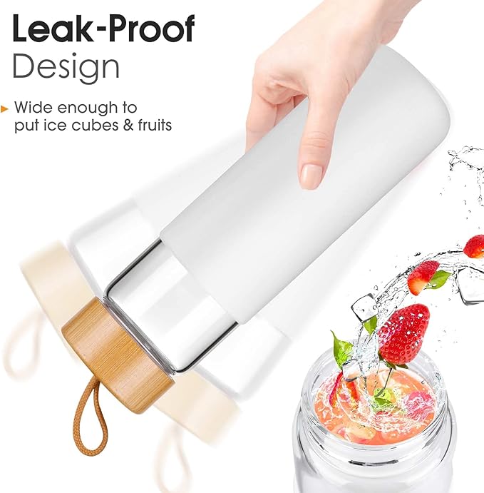 25 Oz Borosilicate Glass Water Bottles with Silicone Sleeve BPA Free, Dishwasher Safe - Reusable Clear Glass Drinking with Leak Proof Bamboo Lid | Perfect Gym Water Bottles for Men & Women