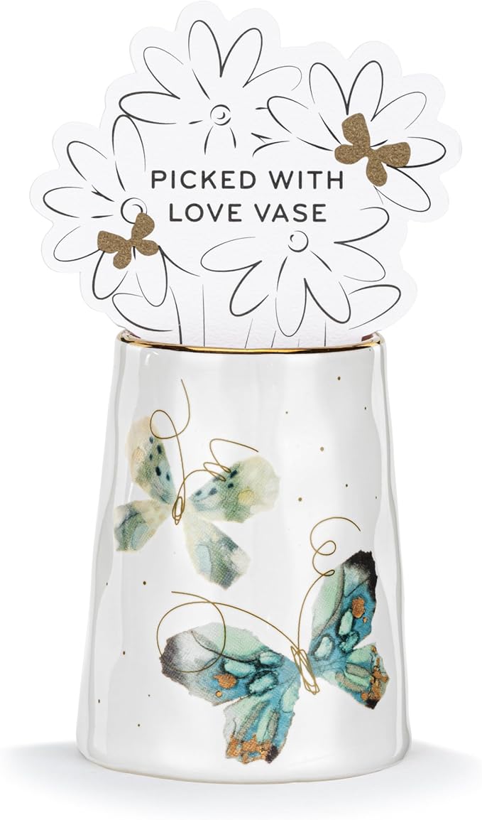 DEMDACO Elisabeth Hays Collection Everyday Watercolor Soft Blue Duo Butterfly Picked with Love Blue Round 2 x 3 Stoneware Petite Decorative Bud Vase for Single Stems, Small Flowers & Home Decor