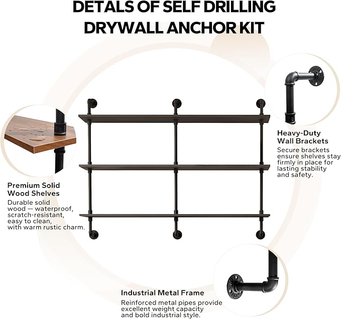 3-Tier Industrial Pipe Floating Shelf – Rustic 48 inch Wood Wall-Mounted Storage Shelf for Kitchen Office,Bathroom & Home Decor -Black