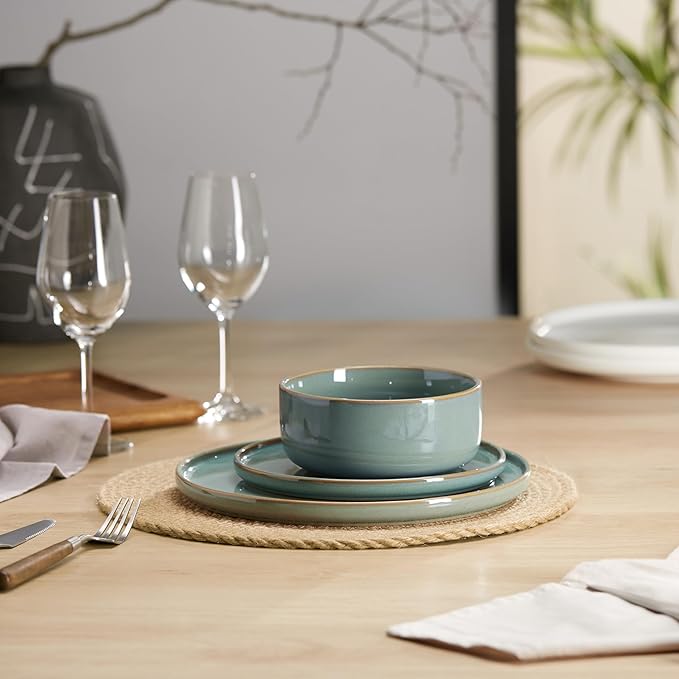 Dinnerware Set, 12 Piece, by Vase and Vessel, Ceramic 10.5”Dinner Plates, 8.2”Salad Plates and 25 oz Soup Bowls, Stoneware, Microwave and Dishwasher Safe, 12 Piece Set, Sage Green, Somerset Collection