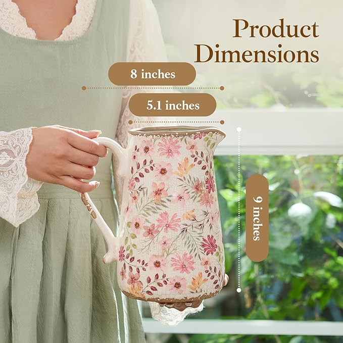 Retro Rustic Large Ceramic Vase with Handle, Distressed Farmhouse Pitcher for Home, Ideal Shelf Decor, Colorful Daisy Floral Vase for Living Room Bedroom Office Table Centerpiece Decorations 9 Inch