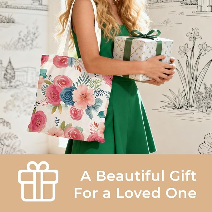 Cute Aesthetic Canvas Tote Bag for Women, Reusable Foldable Shopping Cotton Shoulder Totebag with Zipper Pocket