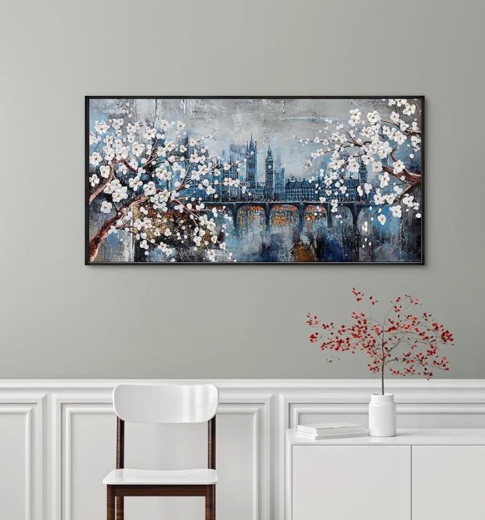 KLAKLA Wall Art for Living Room City Scenes - Black Frame Large Abstract Wall Decor Bedroom Office Landscape Plum Blossom Picture Artwork for wall Modern Home Decoration