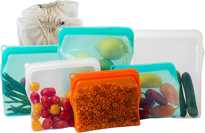 100% Silicone Bags Reusable Storage - Freezer Bags - 6 Reusable Silicone Bags For Food Storage with Two of each (1/2 Gal, Large and Medium) and Complementary Cotton Mesh Bags