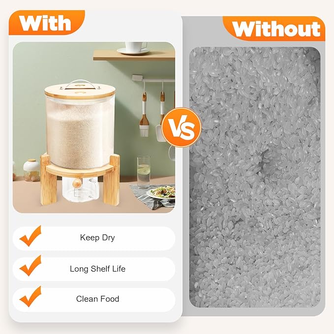 5L Cereal Dispenser, Clear Glass Grain Storage Container, Dry Food Dispenser, Rice Bin Organizer with Graduated Measuring Cup for Home Kitchen Breakfast Market