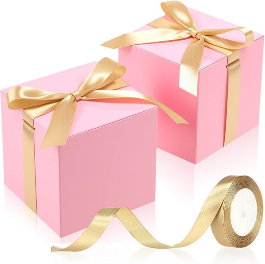 48 Pcs Christmas Gift Boxes with Ribbon Small Party Favor Boxes with Lids Mini Treat Candy Container for Wedding, Party, Birthday, Valentine's Day and More(Pink,4 Inch)