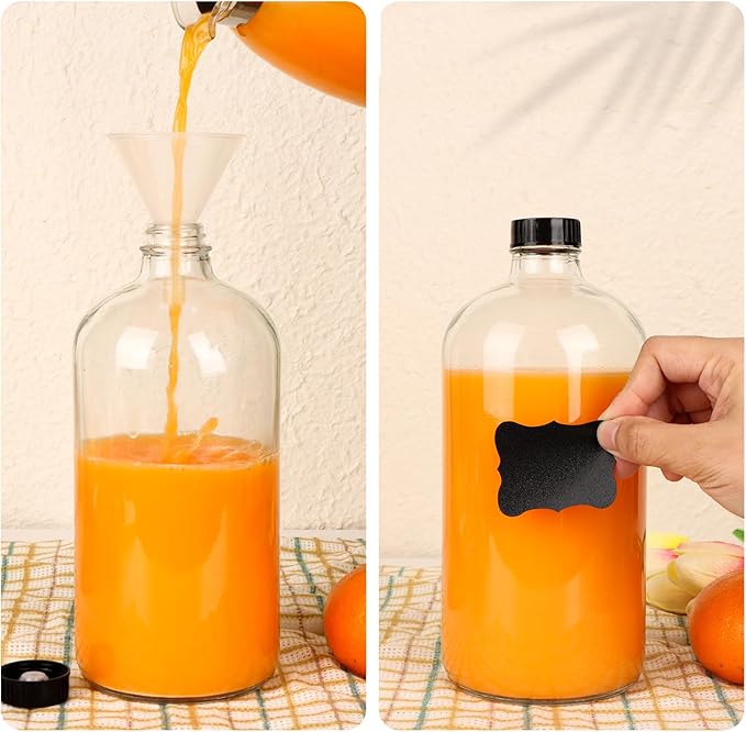 4 Pack 32 oz Clear Boston Round Glass Bottles with Black Caps for Secondary Kombucha Fermentation and Lab Chemicals (1 Funnel and 10 Pieces Black Chalkboard Labels Included)