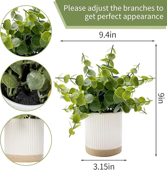 Small Fake Eucalyptus for Decorative Trays,9.5" Artificial Eucalyptus Ceramic Potted Plants for Office Desk,Faux Greenery Plant for Home Bathroom Floating Shelves Decor(Green)