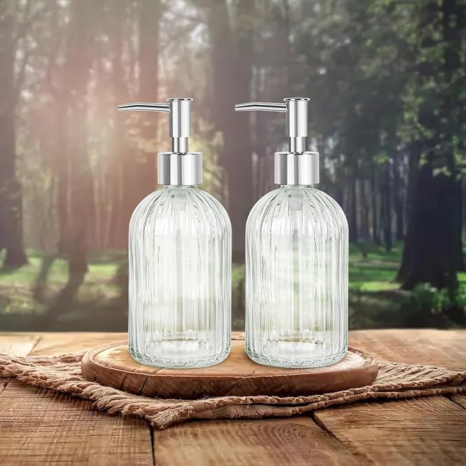 Glass Soap Dispenser with Plastic Pump, Hand Soap Dispenser for Hand Wash, Lotion Dispenser for Dishwashing Liquid, Lotion Shower Gel (Striped Transparent)