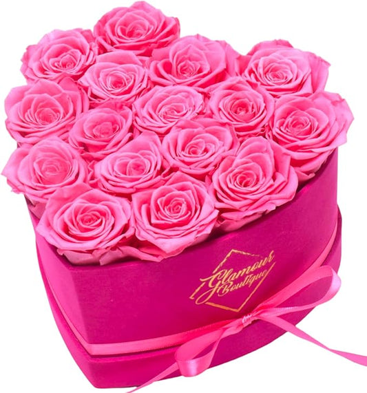 GLAMOUR BOUTIQUE 16 Flower Forever Heart Shape Box - Preserved Roses Gift for Her, Preserved Flowers, Velvet Pink