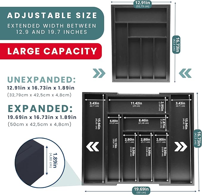 Sben Expandable Drawer Organizer for Utensils Holder, Adjustable Cutlery Tray, Wood Drawer Dividers Organizer for Silverware, Flatware, Knives for Kitchen (Black)