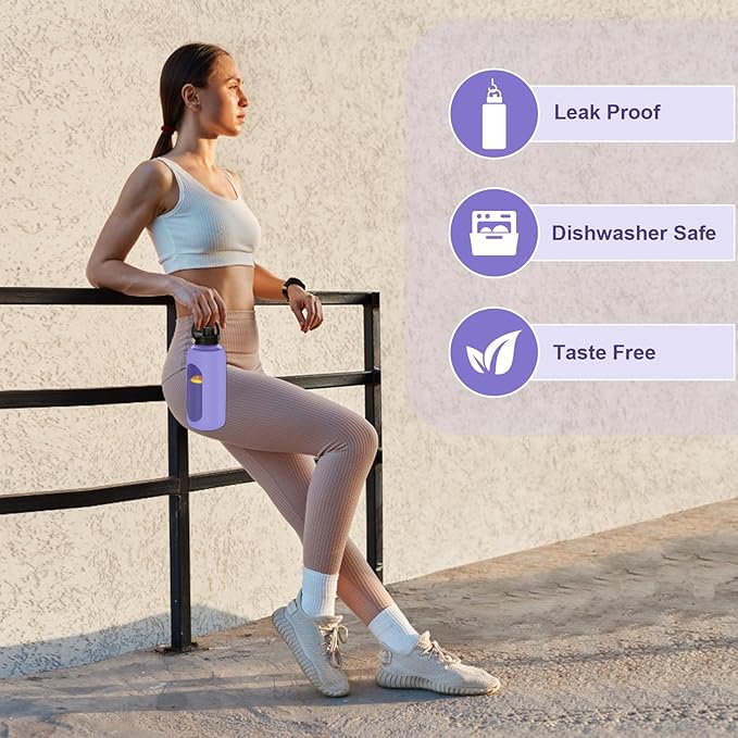 Glass Water Bottles 64 oz - Half Gallon Large Motivational Daily Water Intake Bottle Time Marker - Glass Water Bottle With Straw, Silicone Sleeve 2 Lids, Handle Spout & Bamboo Lid(Purple)