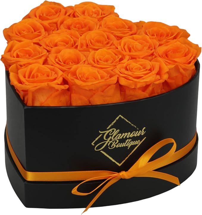GLAMOUR BOUTIQUE 16 Flower Forever Heart Shape Box - Preserved Roses Gift for Her, Preserved Flowers, Orange
