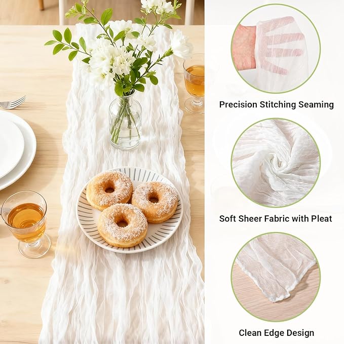 Suream 12 Packs Cheese Cloth Table Runner, 35 x 120 Inch Long Table Runner for Wedding Party Baby Shower Birthday Home Decorations(White)