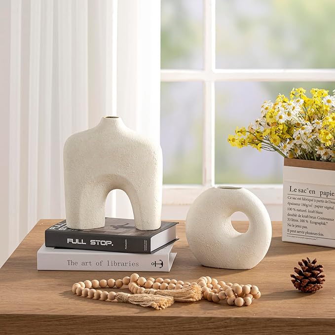 Ceramic Vase Set of 2, Modern Donut Vases for Minimalist Nordic Home Decor, Waterproof Round Vase, Decorative Centerpiece Vases for Living Room, Entryway, Bookshelf, Table Decor (Off White)