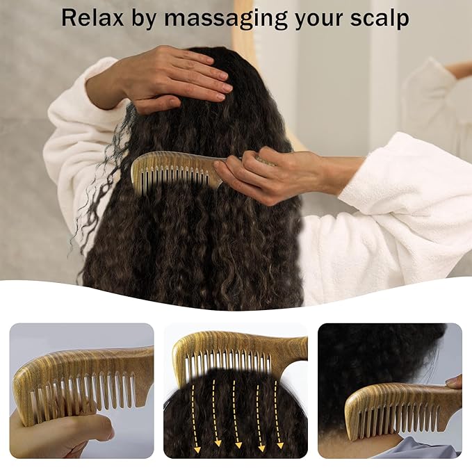 Wooden Hair Comb 3 Pcs, Natural Green Sandalwood Comb for Women and Men, Detangles Wet or Dry Curly, Thin, Thick, Wavy or Straight Hair, Scalp Massager, Anti-static (Medium+ Fine)