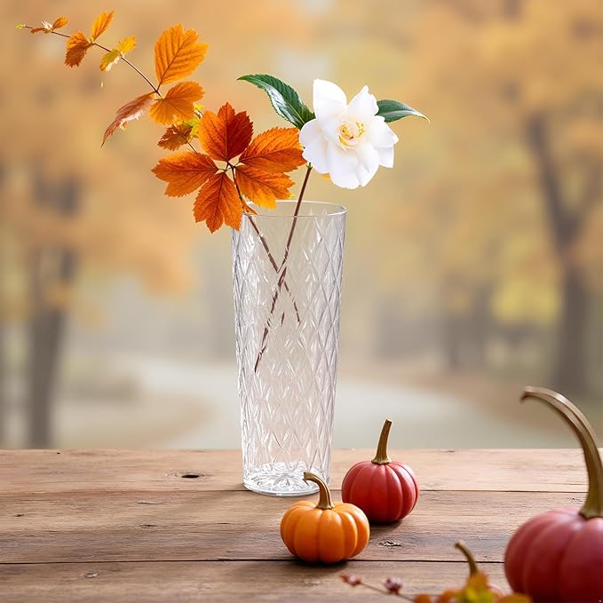 Clear Acrylic Ribbed Vase Wide Flower Plastic Vases for Centerpieces Mouth Vase Pot Container Large Cylinder Decorative Display Tulips Wide for Home Wedding Party Table Home Shatter-Proof