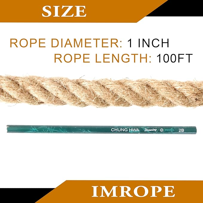 Versatile and Durable 1 Inch x 100 Ft Jute Rope - Ideal for Tug of War, Swings, DIY Crafts, Gardening, Home Decor, and Hammocks