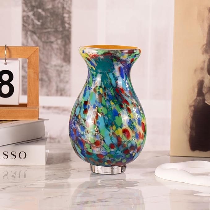KAMMAK Colored Glass Vase, Beautiful Hand Blown Decorative Vase, Modern Art Vase for Flower Mantle Dining Table Centerpiece, Entryway Living Room Wedding Decoration, FH021