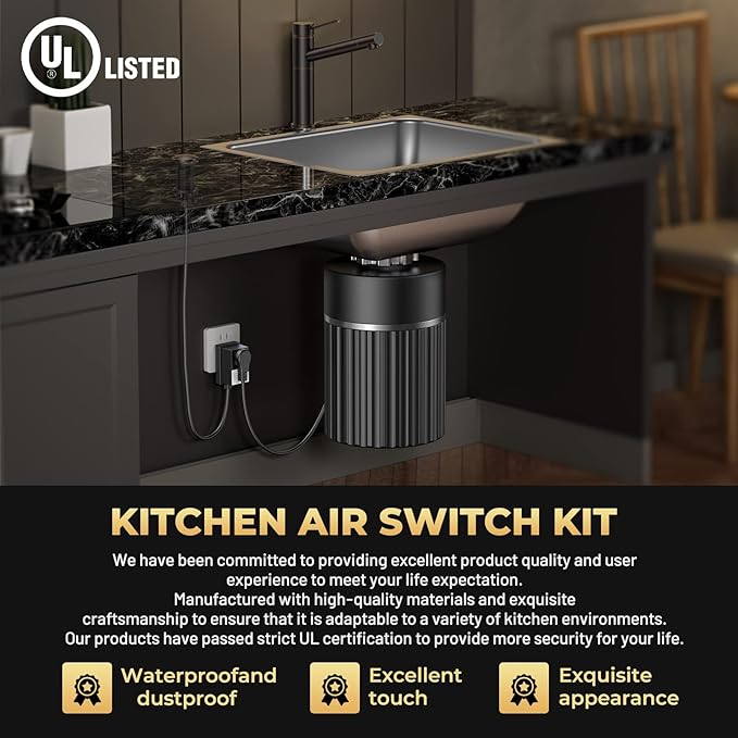 Garbage Disposal Air Switch Kit - Professional, UL Listed Wireless Sink Top Garbage Disposal Button, Stainless Steel/Black On/Off, Compatible with all garbage disposals
