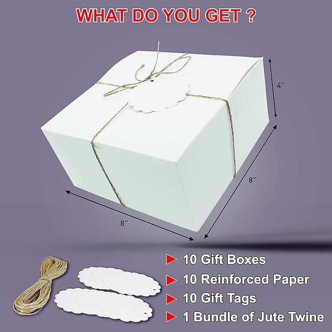 White Gift Boxes (Pack of 10) Size 8x8x4 Inches, Thick Paper Boxes with Lids, Tags & Jute Rope for Bridesmaid Proposals, Wedding Presents, Birthday Party Favor, Baby Shower and Christmas
