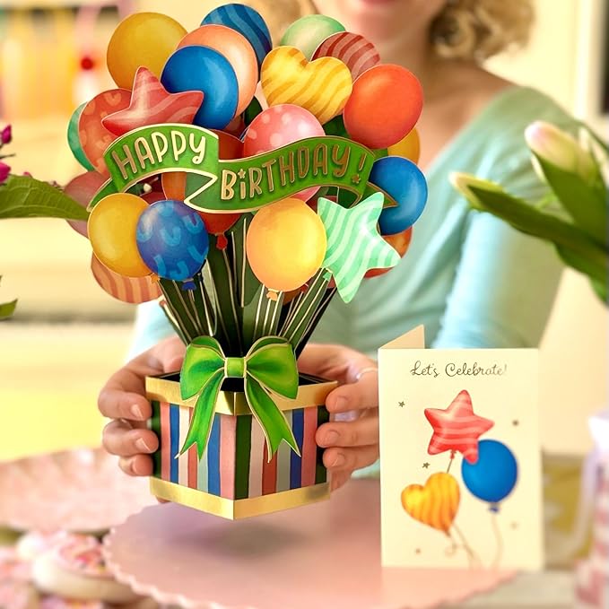 Freshcut Paper Pop Up Cards, Colorful Birthday Balloons, 12 Inch 3D Popup Greeting Card, Cards for Birthdays, Happy Birthday Card, Blank Notecard & Envelope