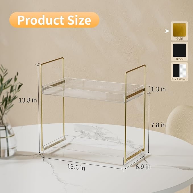 Bathroom Countertop Organizer, 2 Tier Acrylic Tray Vanity Counter Skincare Organizer Shelf, Kitchen Under Sink Standing Rack, Home Storage Holder for Lotion Makeup Cosmetics Perfume Spice, Gold