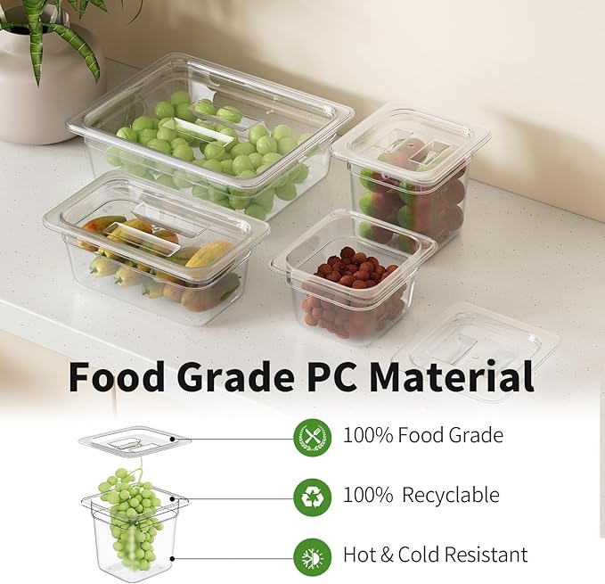 1/6 6'' 12 Pack Plastic Food Pans With Lids, Clear Food Pan, Commercial Stackable Polycarbonate Freezer-Safe for Fruits Vegetables Restaurant Kitchen