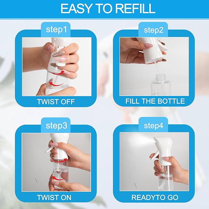 Spray Bottle for Hair - Fine Mist Water Mister Continuous Spray Bottle for Hairstyling, Cleaning & Plants Salon, Home, Pets & More – White 200ml