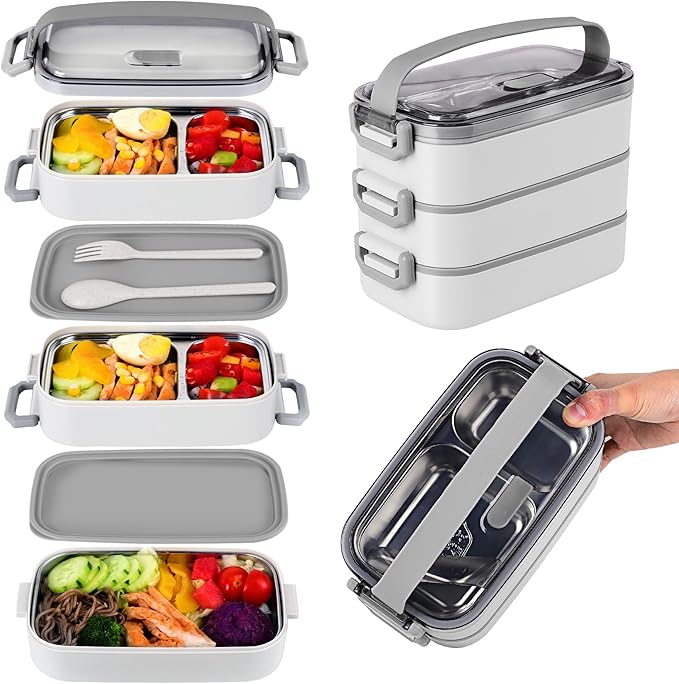 Bento Lunch Box for Kids Women Men, 47oz 2-Compartment Salad Metal Food Prep Pack Container for Lunch, Stainless Steel 3 Layers Stackable Lunch Containers with Lids for Adults and Teens White