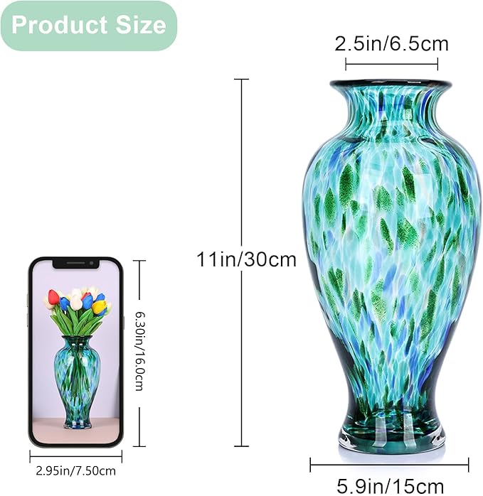 Hand Blown Glass Vase 11.8" Tall Beautiful Turquoise Sea Wide Mouth Bud Vase for Table Centerpiece, Painted Colorful Murano Glass Flower Vases for - Home Entrance Wedding Center