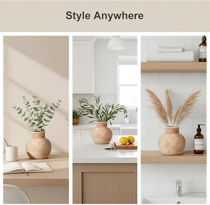 Ceramic Flower Vase, 5.5-Inch Terracotta Pottery Rustic Farmhouse Boho Vase, Handcrafted Decorative Vase for Home Decor, Centerpieces, Table, Living Room, Mantel, Shelf