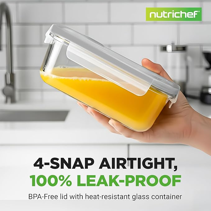 NutriChef 10-Piece Superior Glass Food Storage Containers Set (5 Containers + 5 Locking Lids),Stackable Meal-prep Design, BPA-free Airtight Clear Locking lids with Vent Lids & Air Hole, Gray