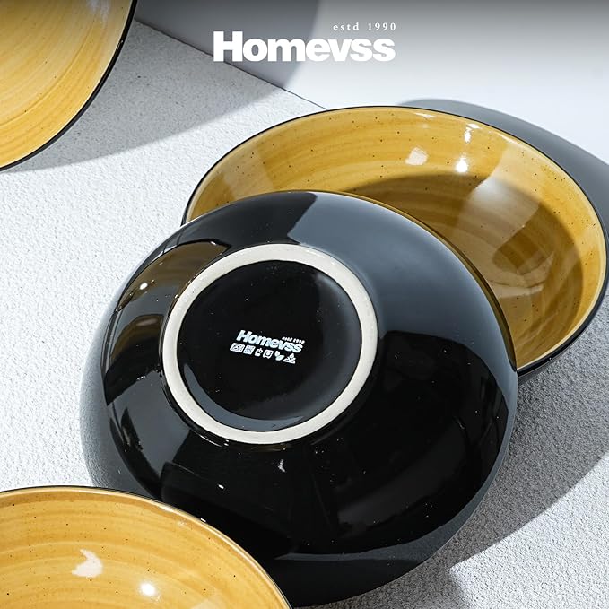 Sonoma 16 Piece Stoneware Dinner Set, Outside Black + Inside Handpainted Color Yellow with speckle