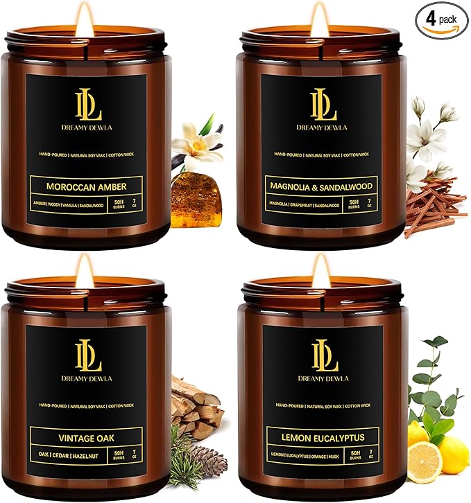 Scented Candles Set, Soy Candles for Home Scented, 4 Pack 28oz Candle Gifts for Men Women, Scents of Magnolia & Sandalwood/Moroccan Amber/Lemon Eucalyptus/Vintage Oak