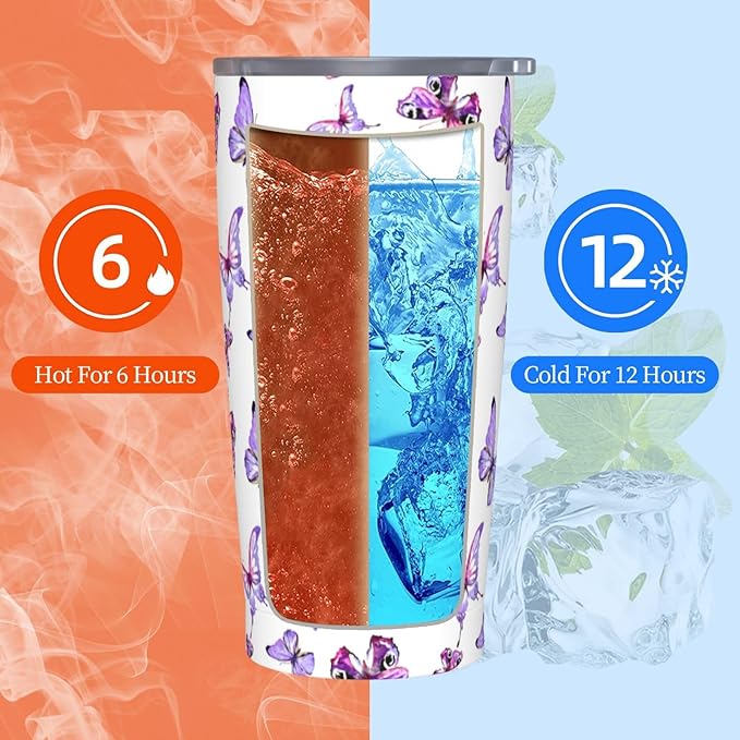 Pink Blue Butterflies Tumbler,Butterflies 20oz Stainless Steel Insulated Travel Tumblers,Travel Coffee Mug with Lid and Straw Water Bottle Drink Tumbler Cups Gifts for Women Men Lovers