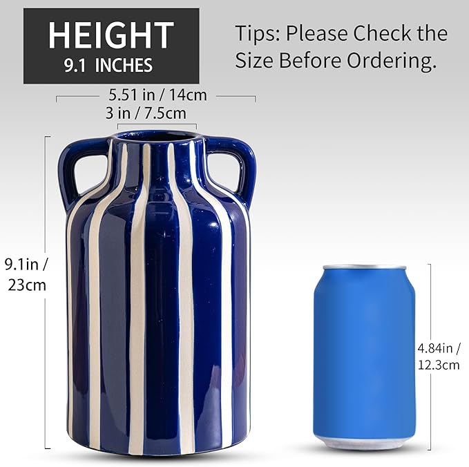 Ceramic Blue and White Checkered Stripes Vase with Handles, Modern Bohemian Floral Navy Blue Vases for Centerpieces, Cottage Core Home Decor, Flower Vases for Bouquet Mantle Bedroom Bookshelf 9.1 in