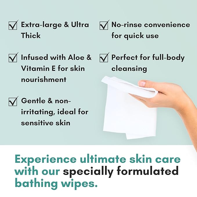 Nurture XL Ultra Thick Body Wipes for Adults w/Aloe | 120 Extra Large Disposable Cloth Wet Cleansing No Rinse Bathing Washcloths, Waterless Shower | Bath Wipe for Women, Men & Elderly