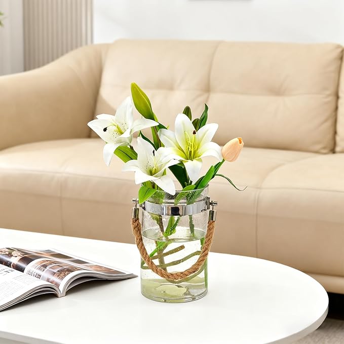 Barrel-Shaped 8.46" Large Mouth Clear Glass Vase with Hemp Rope Handle - Ideal for Floral Arrangements, Bouquets, Floating Tealights, Home Display & Holiday Decor