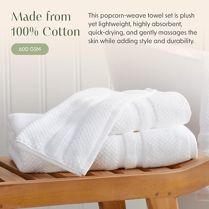 Springtree Home White Bath Towels Set of 6 | Popcorn Textured | 100% Combed Cotton | Absorbent Quick-Dry Towels for Bathroom | Oeko-TEX® Standard 100 Cotton | Poli Collection - Bright White