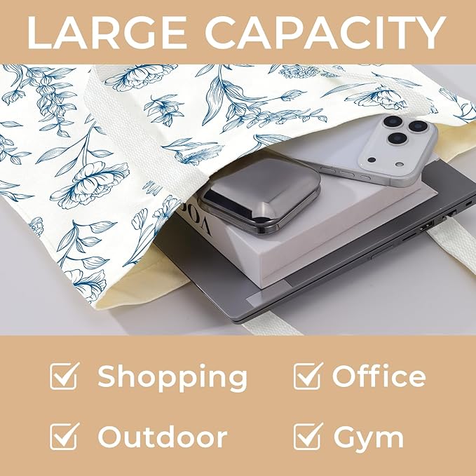 Cute Aesthetic Canvas Tote Bag for Women, Reusable Foldable Shopping Cotton Shoulder Totebag with Zipper Pocket