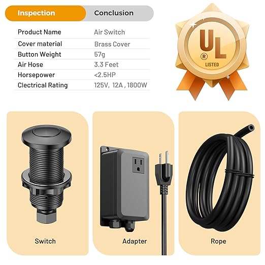 Garbage Disposal Air Switch Kit -Professional, Sink Top Waste Disposer On/Off, Air Button Food Disposals Part, UL Listed